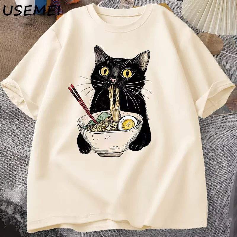 Funny Cat Noodle T-Shirt | Retro Casual Tee for Food Lovers