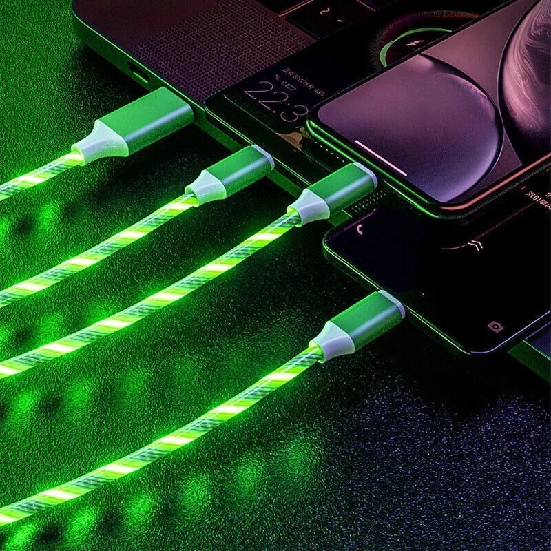 Light Emitting Cable, Mobile Phone Charging Cable, Fast Charging Data Cable, Light Emitting, Suitable for iPhone Micro USB Type C Charger Cable, Three in One LED Fast Charging Cable