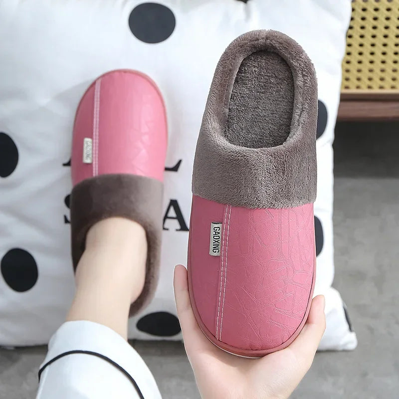 Men's Warm PU Leather Plush Slippers | Cozy Waterproof House Shoes