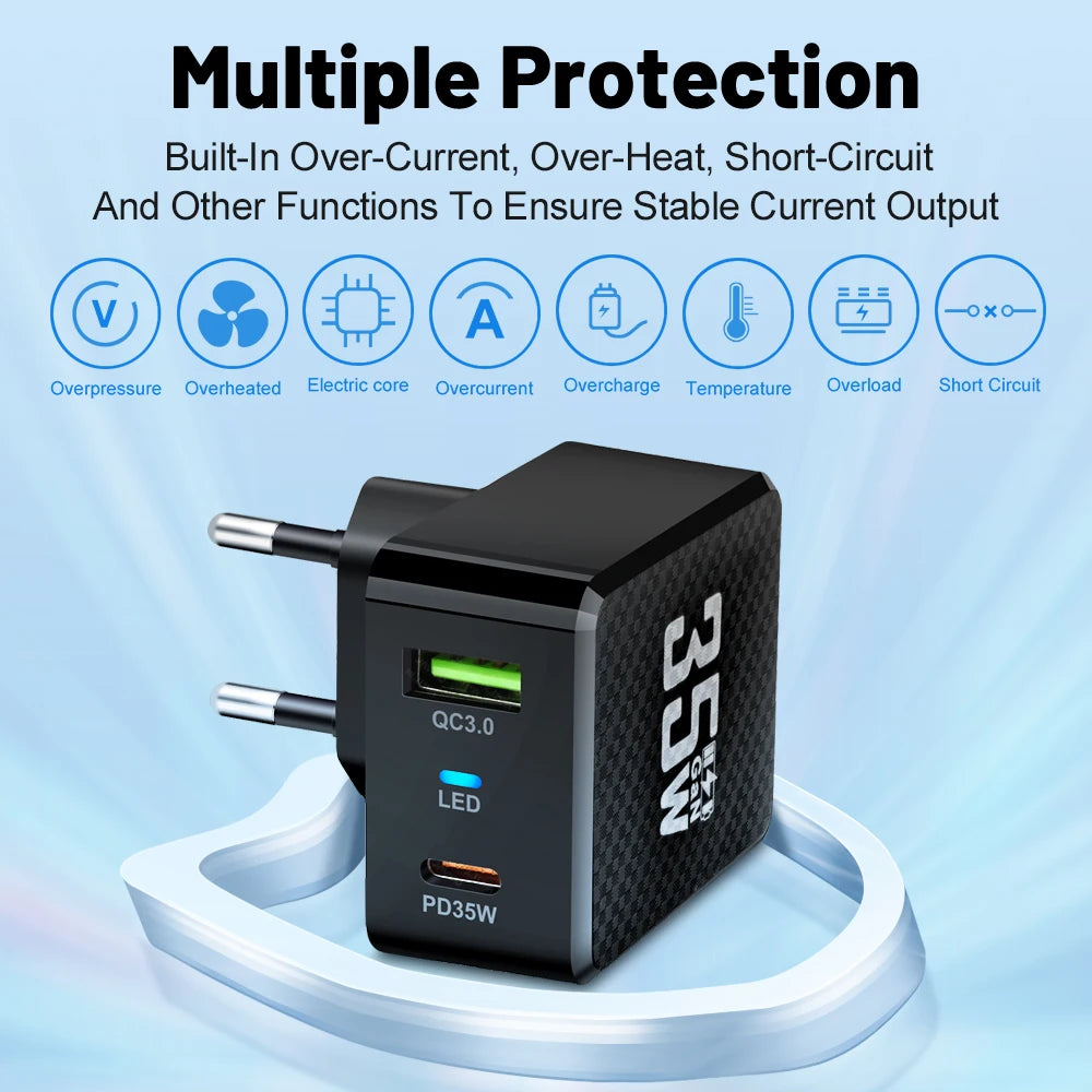 35W GaN Dual Port Fast Charger | USB-C & USB-A Wall Adapter