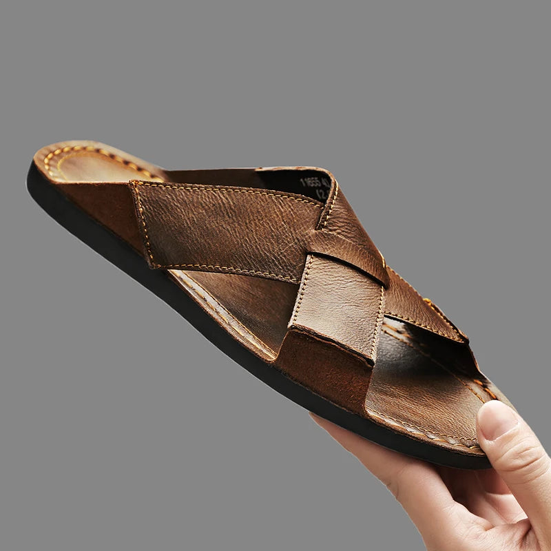 Plus Size Men Leather Slippers Homes In Indoor Slippers Summer Open Toe Sandals Comfy Antiskid Soft Bottom Casual Walking Shoes