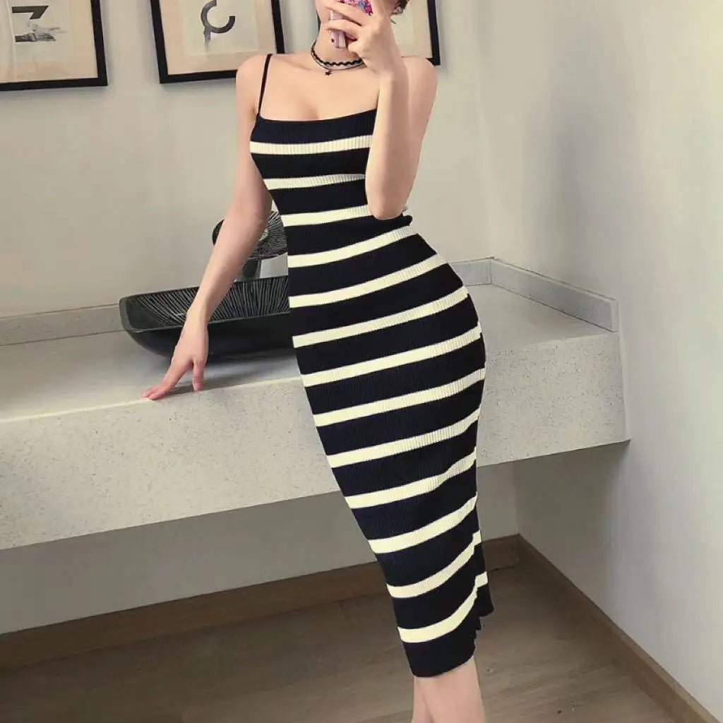 Summer Sexy Knitting Sleeveless Dress | Vintage Striped Bodycon Midi