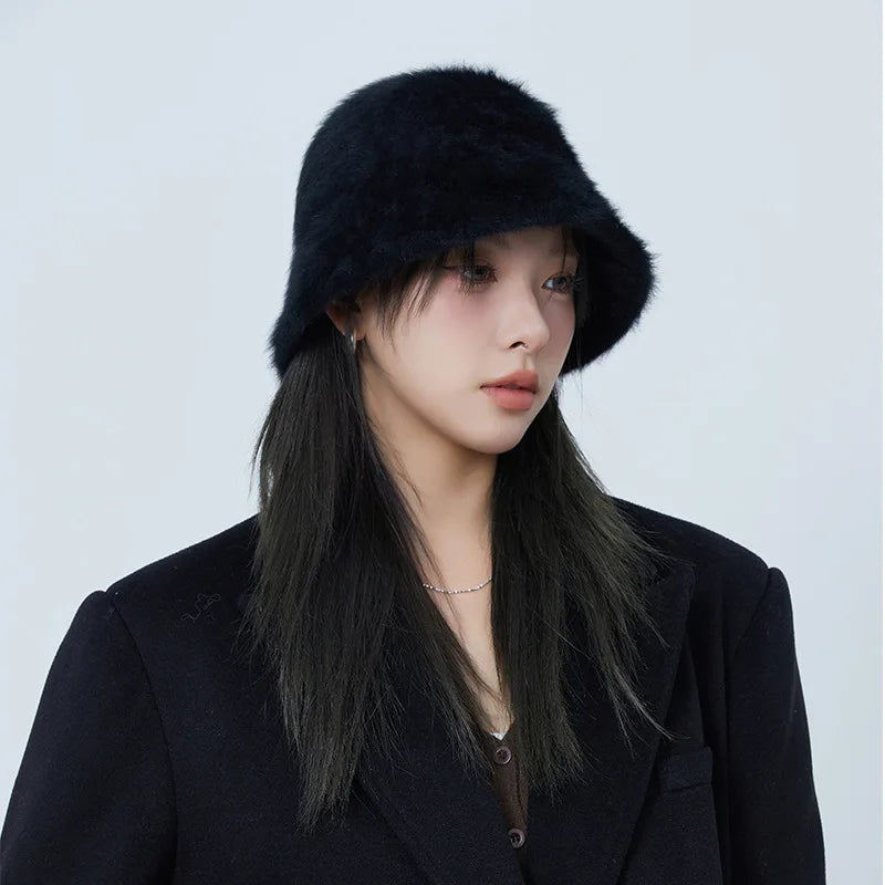 Oversized Rhinestone Rabbit Fur Bucket Hat | Stylish Warm Winter Cap
