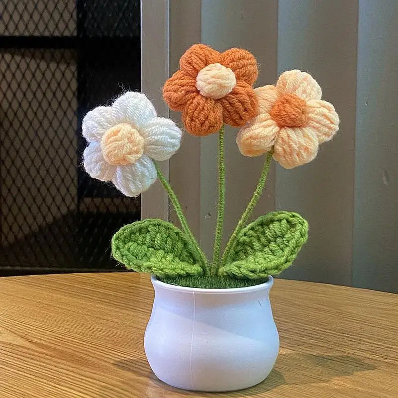 Hand Woven Potted Flower Decoration | Knitted Sunflower Bouquet