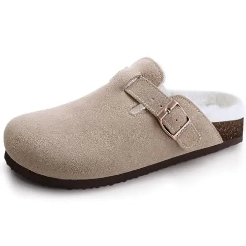 Women's Adjustable Buckle Cork Clogs | Comfortable Suede Slippers