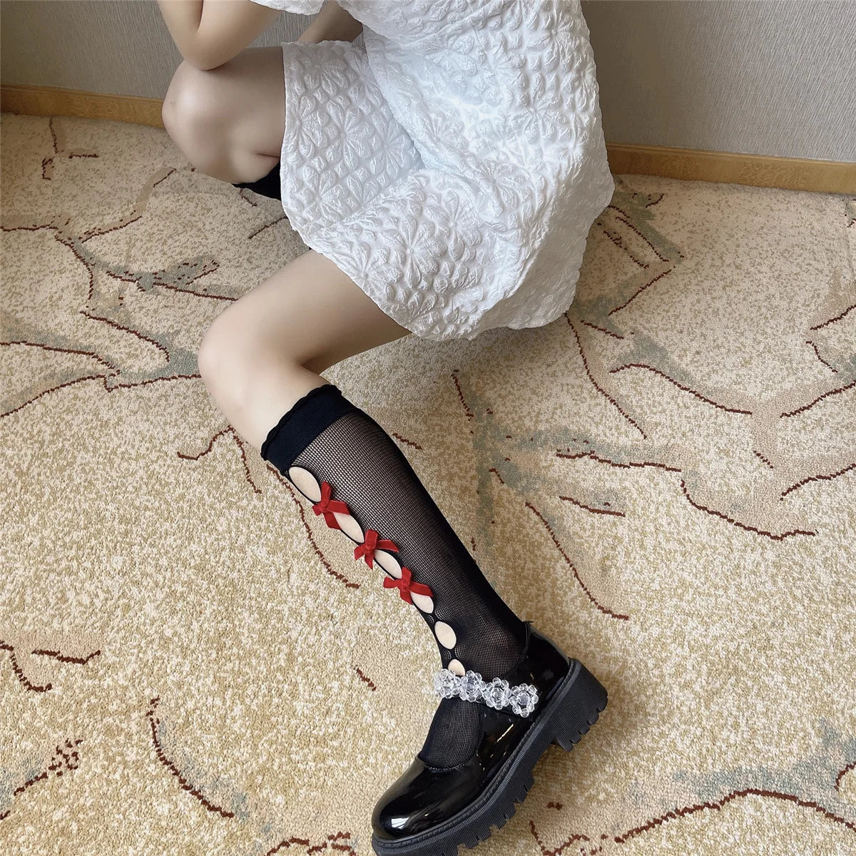 Kawaii Hollow Out Mesh Fishnet Socks | Cute Bow Long Stockings