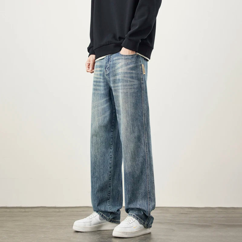 Wide-Leg Warm Fleece Jeans — Winter Thick Loose Straight Denim Pants for Men, Vintage Casual Velvet-Lined Korean Style Trousers