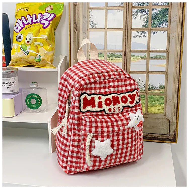 Stylish Girls Red Plaid Backpack | Large Capacity School Bag