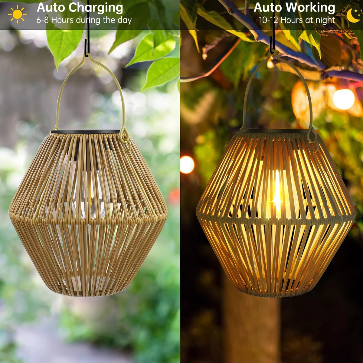 Linternas solares para exteriores | Luces colgantes de ratán bohemio impermeables