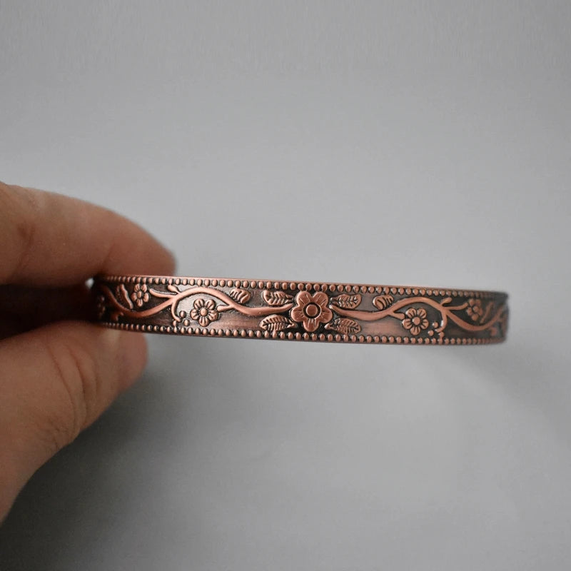 Vintage Floral Engraved Solid Copper Magnetic Therapy Cuff Bracelet