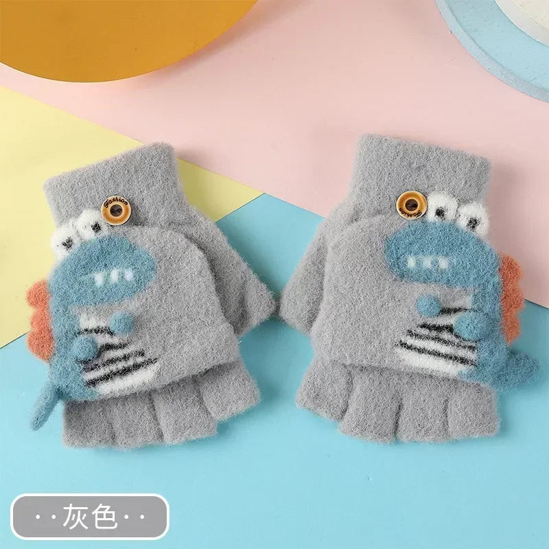 Kawaii Cartoon Dino Kids Half Finger Gloves | Winter Warmth for Fun