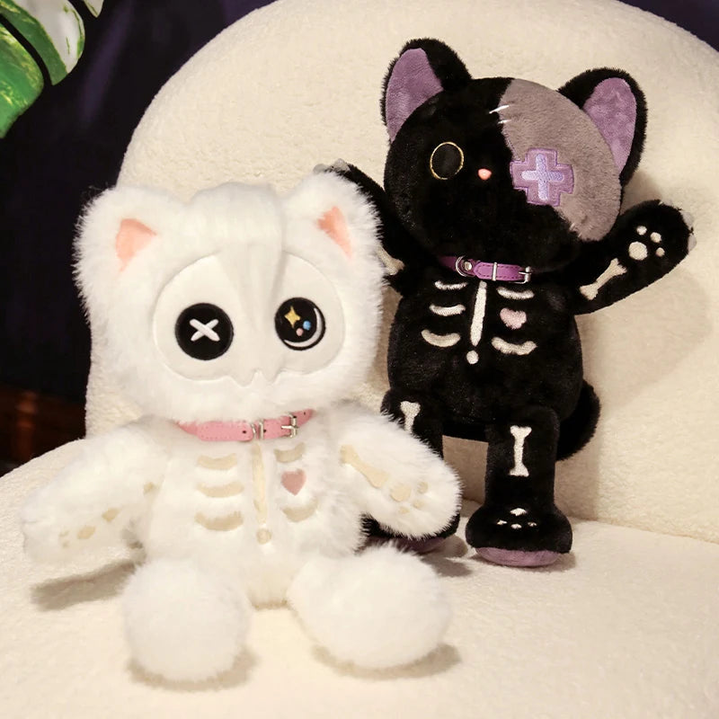 Kawaii Black Skeleton Cat Plush Toy | Fluffy Gothic Stuffed Animal