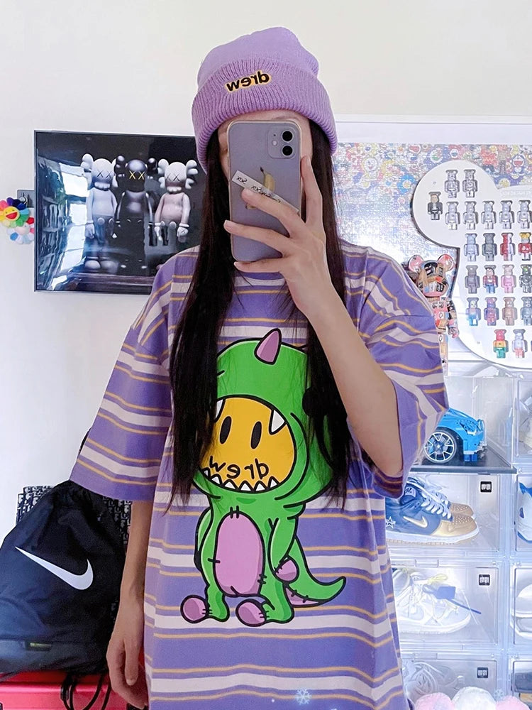 Men's Oversized Striped Dinosaur Smiley Print T-Shirt | Casual Cotton Tee