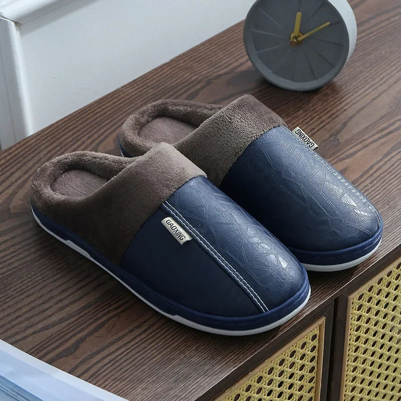 Men's Warm PU Leather Plush Slippers | Cozy Waterproof House Shoes