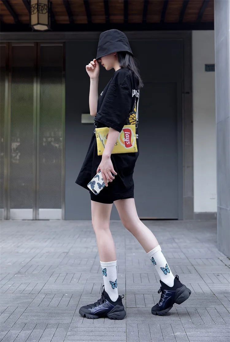 Stylish Butterfly Crew Socks for Women | Kawaii Streetwear Fashion