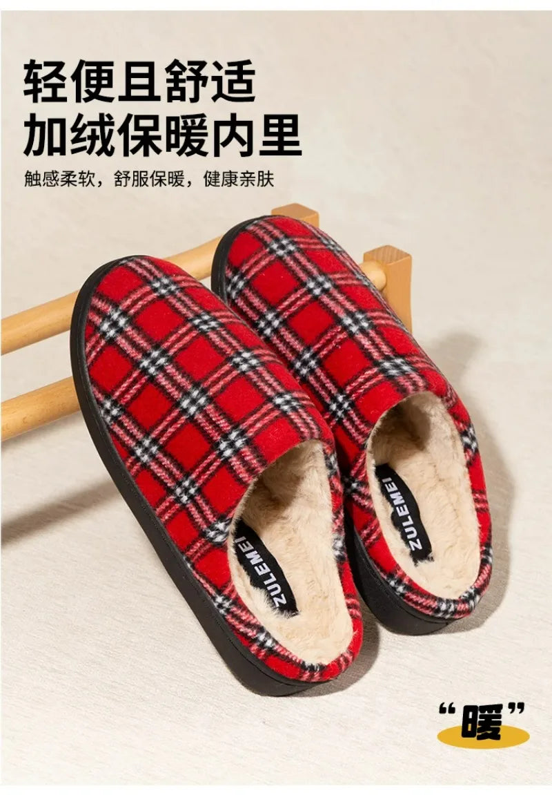 Men's Striped Plaid Fleece Slippers | Warm Cozy House Shoes