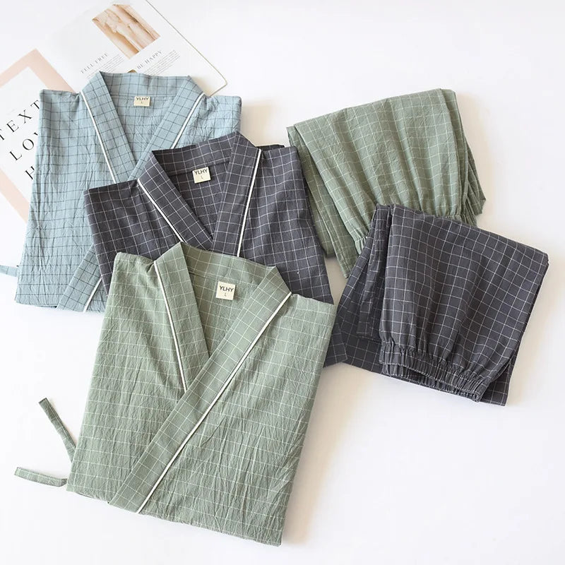 Spring Summer Japanese Pajama Sets Male 100% Cotton Spa Robe Sets Boxer High Quality Kimono Robes Men Plaid Home Hombre