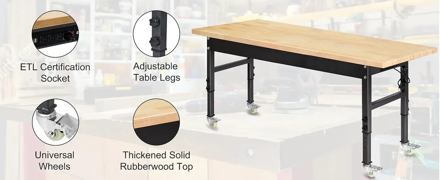 60 Inch Adjustable Workbench | Heavy Duty Work Table with Outlet