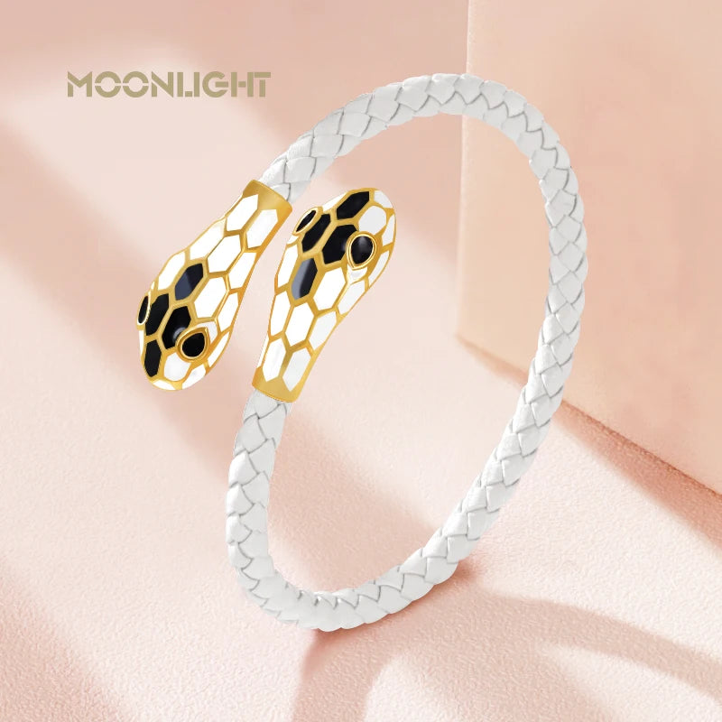 MOONLIGHT Classic Style Double Snake Head Cuff Bangles for Women Genuine Braided Leather Bracelets Female Fashion Jewelry Gifts