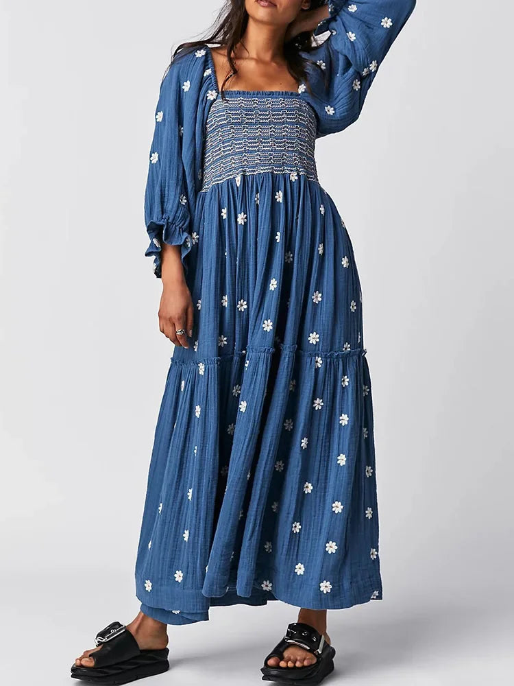 Boho Floral Embroidery Maxi Dress for Women | Casual Fashion