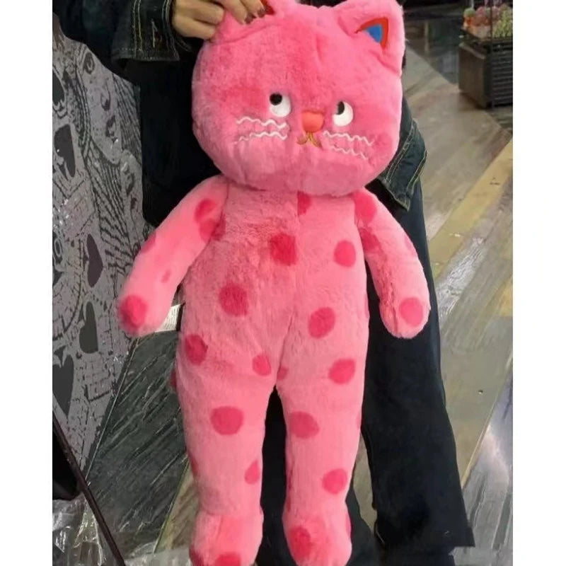 Unique Pink Polka Dot Cat Plush Toy | Soft Black Kitten Cushion