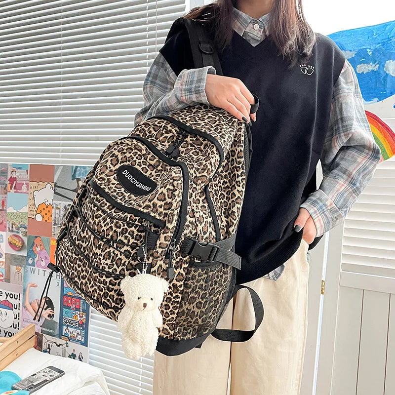 Vintage Leopard Print Backpack, Large Capacity School Bookbag with Side Mesh Pouch, for Students Travel Outdoor Streetwear