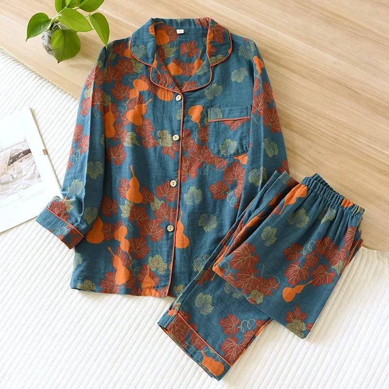 2026 Japanese Spring and Autumn New Women's Pajama Set 100% Cotton Vintage Long sleeved Pants Two Piece Set for Home Furnishings