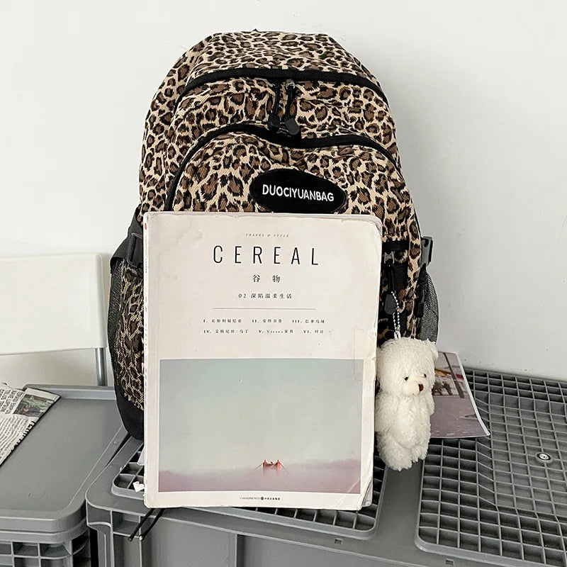 Vintage Leopard Print Backpack, Large Capacity School Bookbag with Side Mesh Pouch, for Students Travel Outdoor Streetwear
