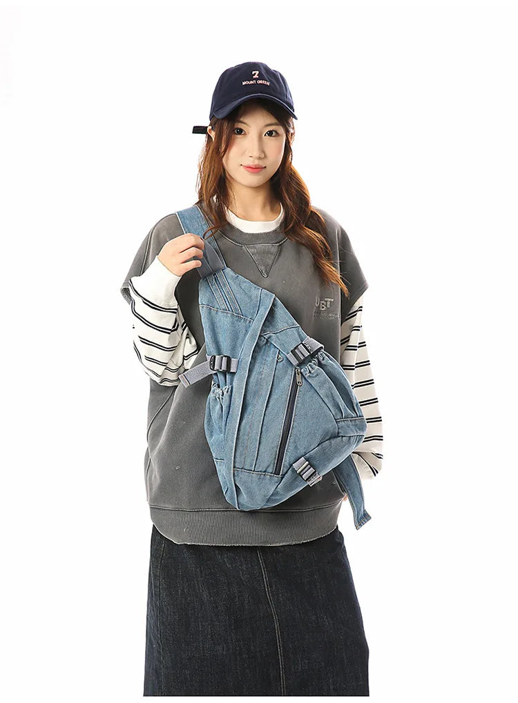 Vintage Washed Denim Sling Bag Man Woman Multifunction Retro Large Capacity Portable Motorcycle Chest Bag