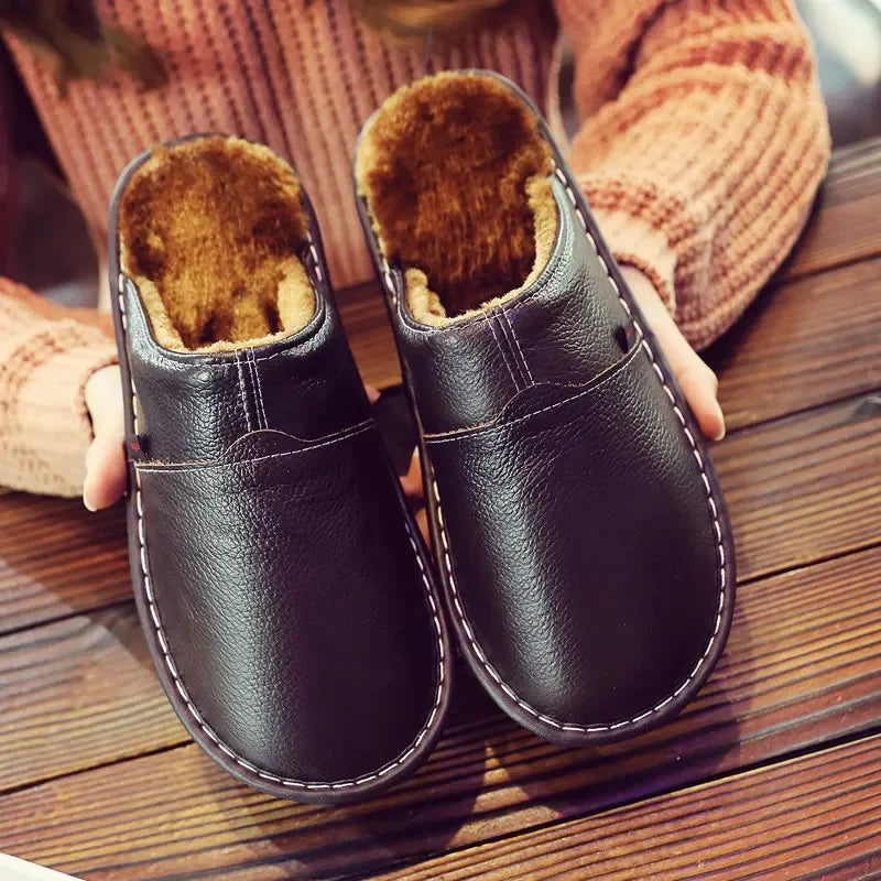 Couples Leather Plush Winter Slippers | Cozy Waterproof Shoes