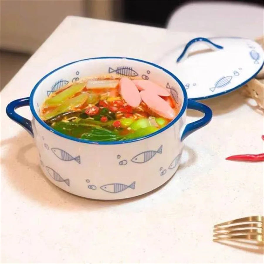 Ceramic Double Ear Bowl with Cover | Perfect for Noodles & Soup