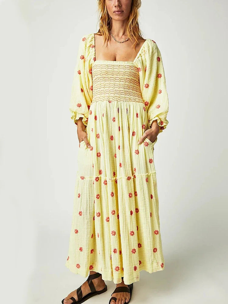 Boho Floral Embroidery Maxi Dress for Women | Casual Fashion