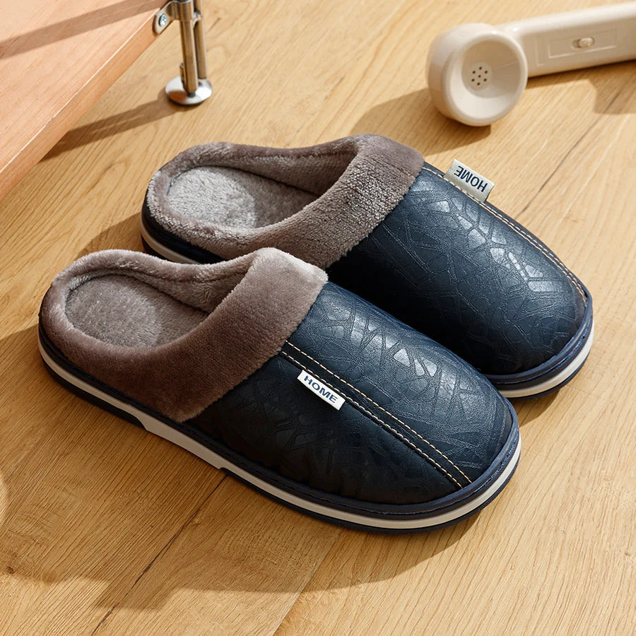Men's Winter Waterproof PU Slippers | Warm & Comfortable Indoor Shoes