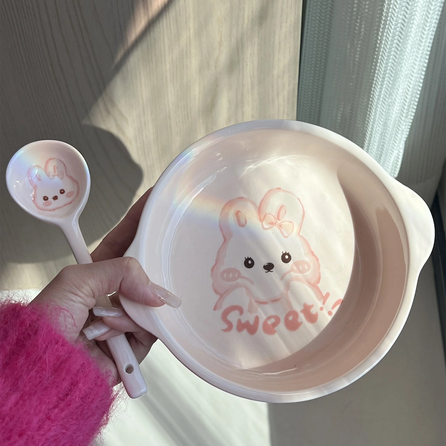 Large-Capacity Ceramic Bowl Set with Handles & Spoon for Kitchen