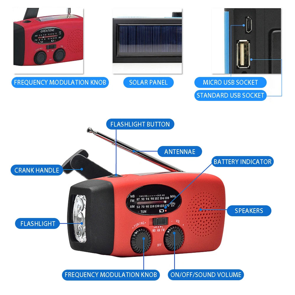 2000 mAh Emergency Radio | Portable Solar Charging & LED Lights