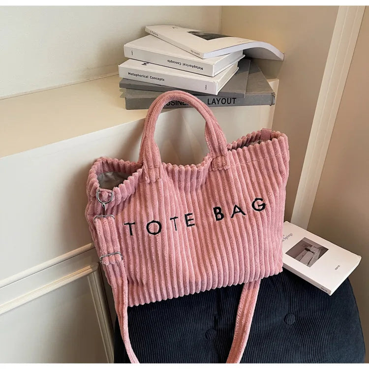 Bolso de mano de terciopelo a rayas de gran capacidad | Bolso tote elegante y versátil