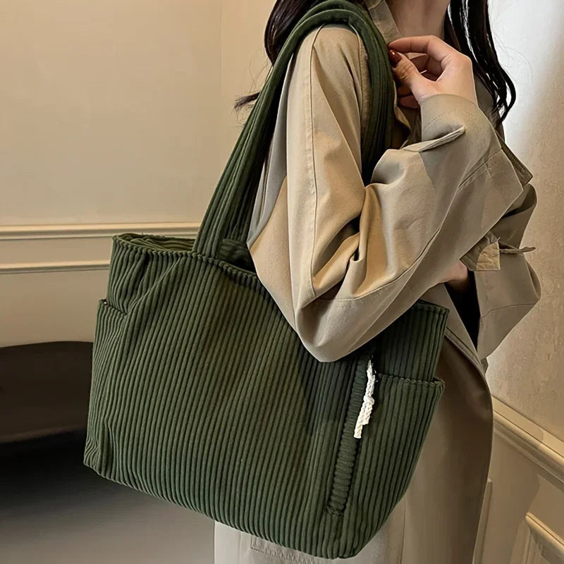 Bolso tote de pana espacioso con cremallera | Bolso de mano elegante