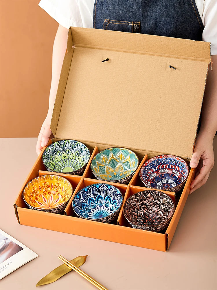 6-Piece Bohemian Mandala Ceramic Bowls | Stylish & Versatile
