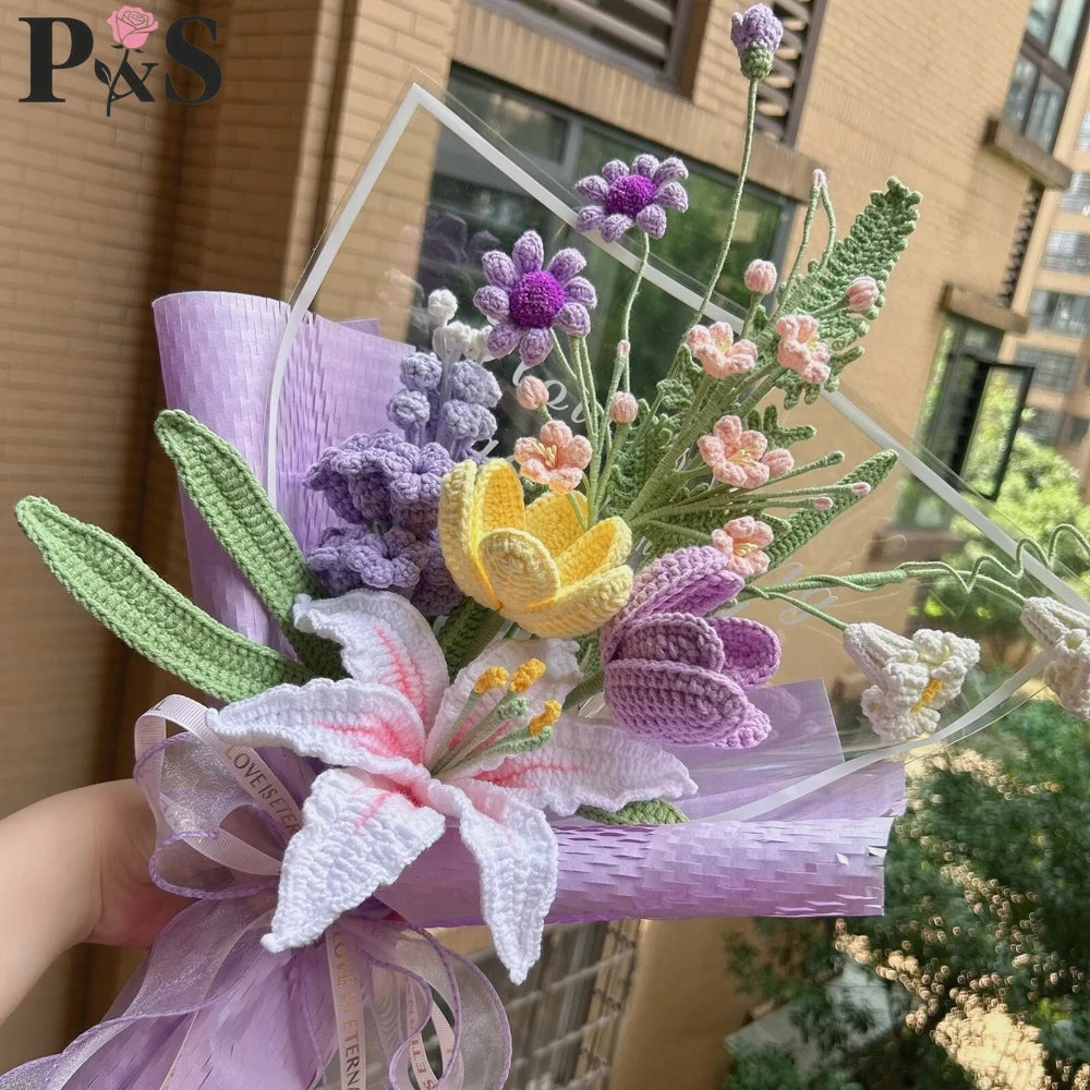 Ramo de Flores Tejido a Crochet a Mano | Elegantes Regalos de Decoración para el Hogar
