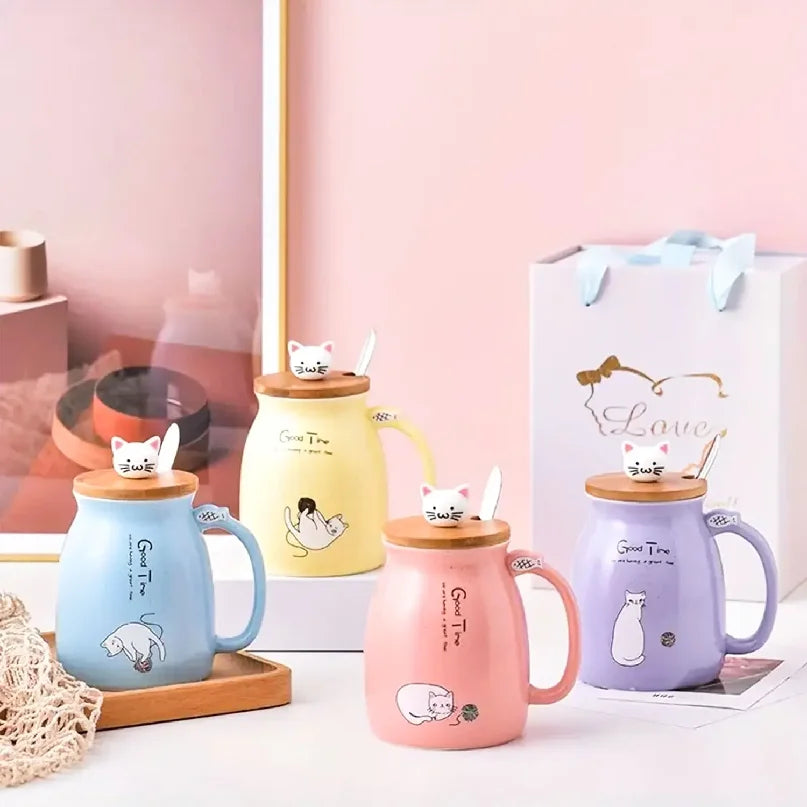Cute Cat Ceramic Mug with Kitty Lid & Spoon | Perfect Gift for Cat Lovers