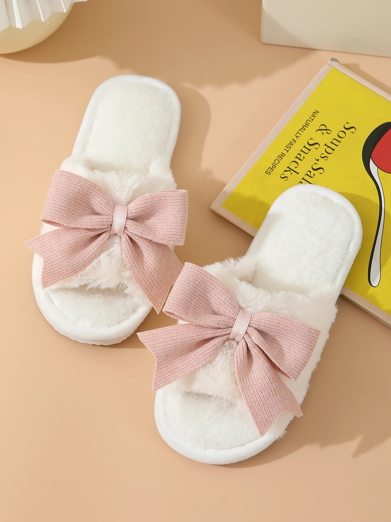 Women's Cute Bow Fluffy Suede Slippers | Warm Winter Indoor Slides