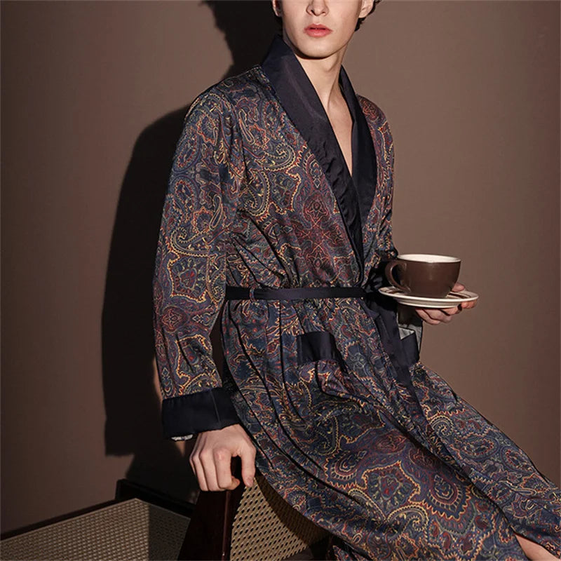Spring Summer New Mens Robe Printed Bathrobe Kimono Gown Silky Satin Male Sleepwear Night Clothes Loose Casual Homewear Pajama