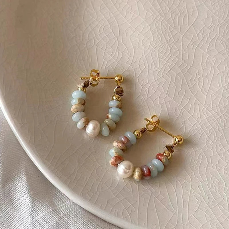 Elegant Natural Stone Beaded Pearl Pendant Earrings for Women