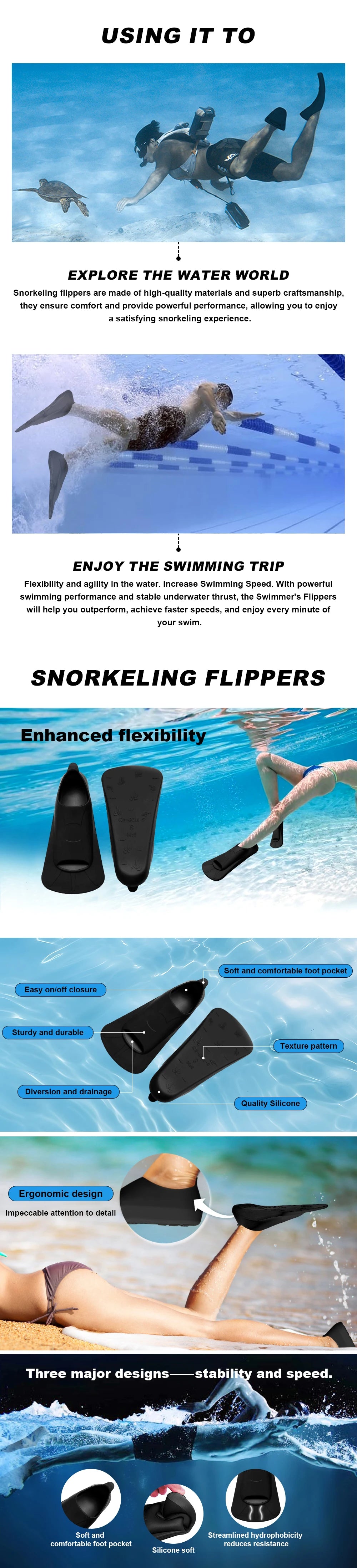 Multicoloured Short Silicone Snorkel Fins for Adults & Kids