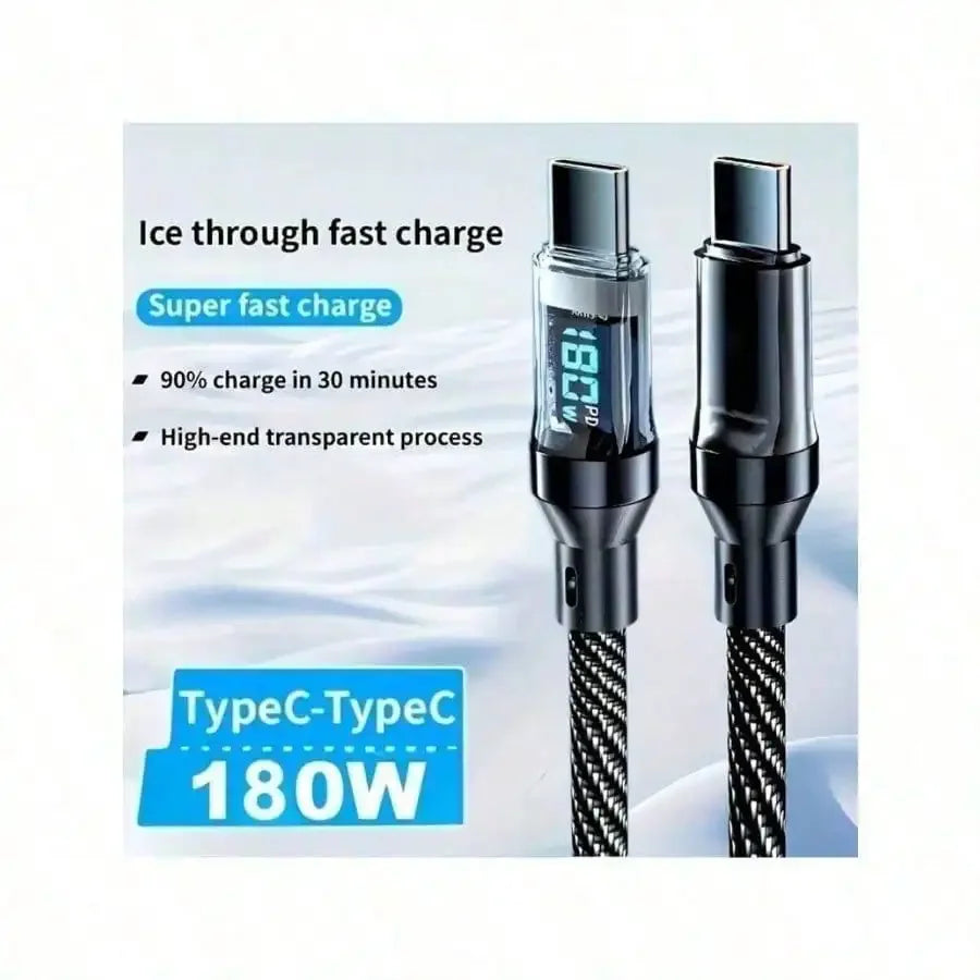 180W ultra fast charging USB A to Type-C cable with LED digital display, matte surface, data synchronization,