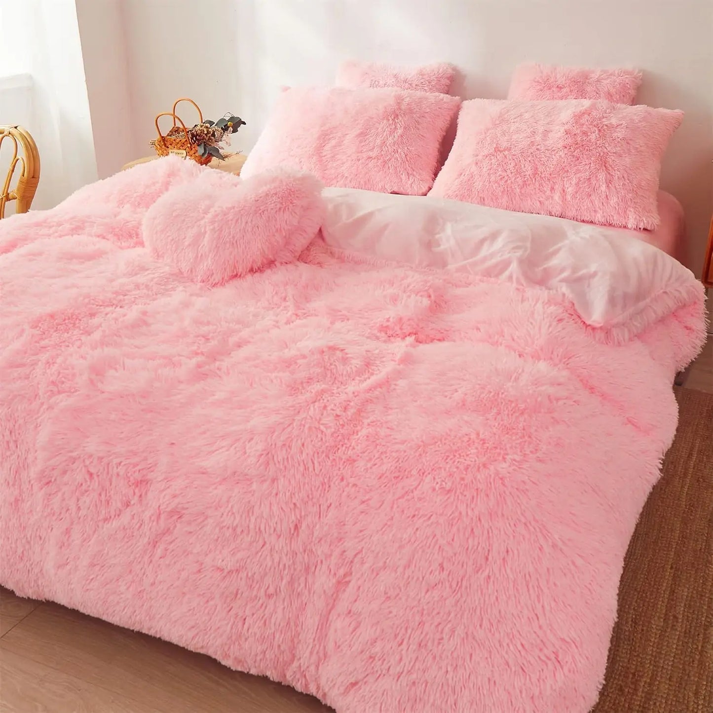 Pink Faux Fur Queen Comforter Set | Luxe Ultra Soft Bedding