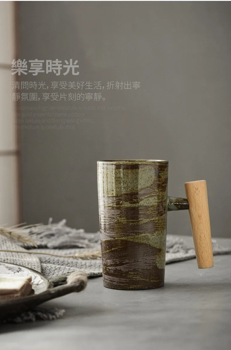 Handmade Stoneware Coffee Cup with Wooden Handle | Vintage Style Mug