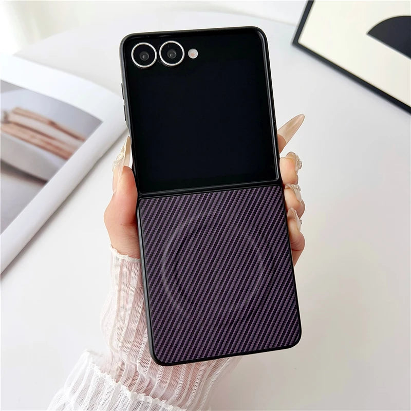 Magnetic Carbon Fiber Texture Phone Case For Samsung Galaxy Z Flip 3 4 5 6 7 For Magsafe Protective PC Back Cover Fundas
