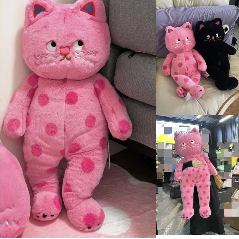 Unique Pink Polka Dot Cat Plush Toy | Soft Black Kitten Cushion