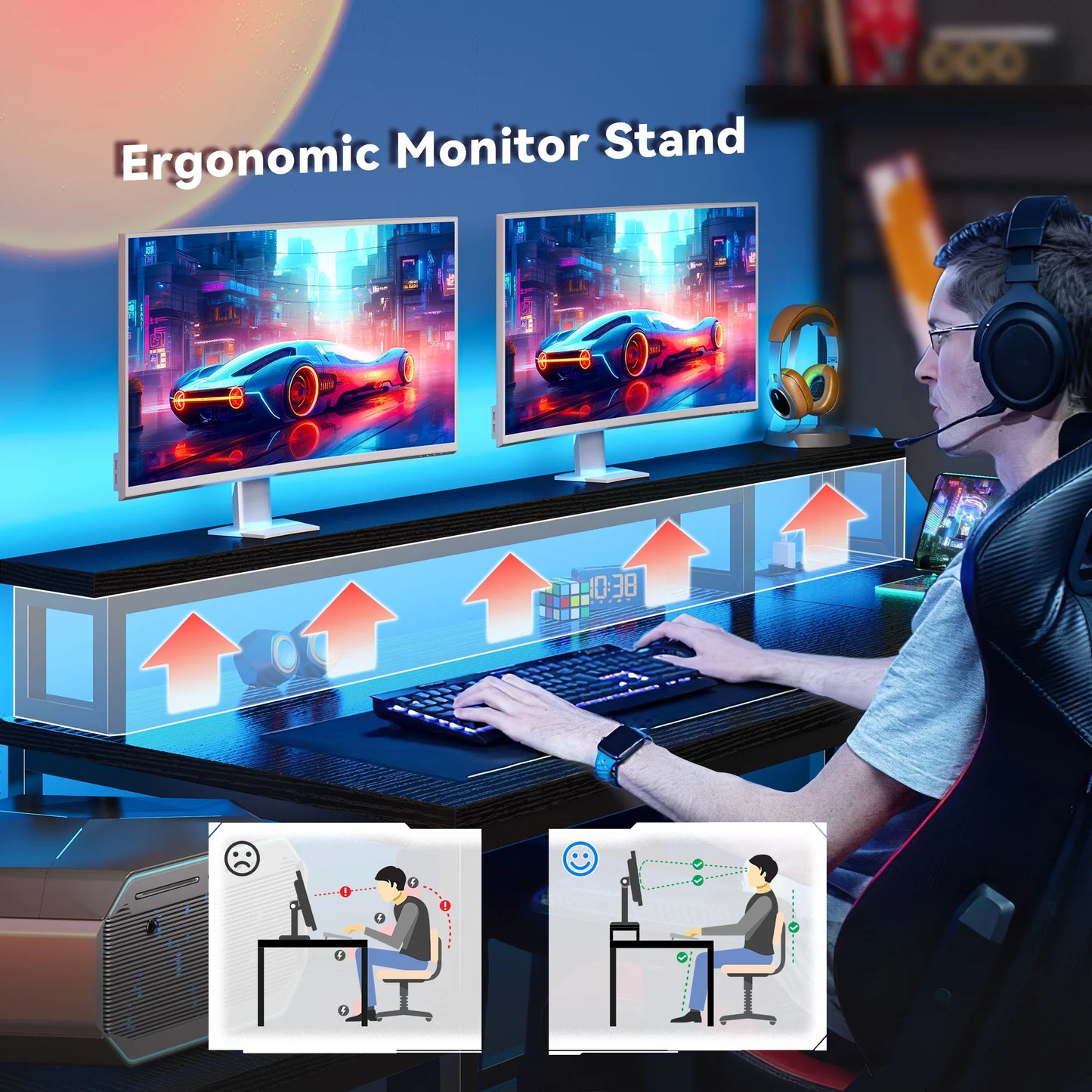 L Shaped Gaming Desk with LED Lights & Power Outlets for Home Office
